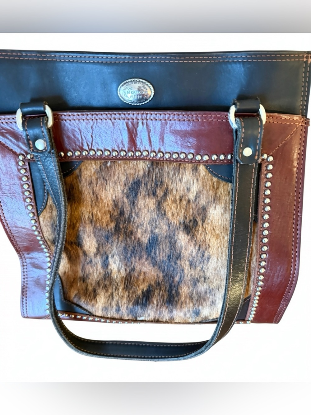 American West Handcrafted Leather Cowhair Studded Shoulder Tote Bag